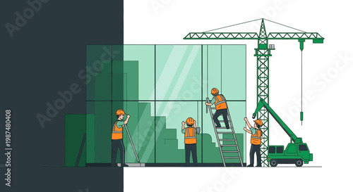 Architectural Construction Workers At Work Building A Modern Glass Facade Building Project