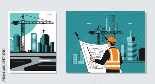 Architectural Design and Construction Blueprint Showing Modern Urban City Building Growth
