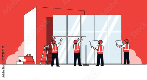 Builders Installing Windows in a Modern Building Construction Site, Red Background