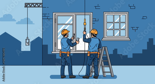 Builders Installing New Windows And Utilizing Construction Machinery In A City Setting