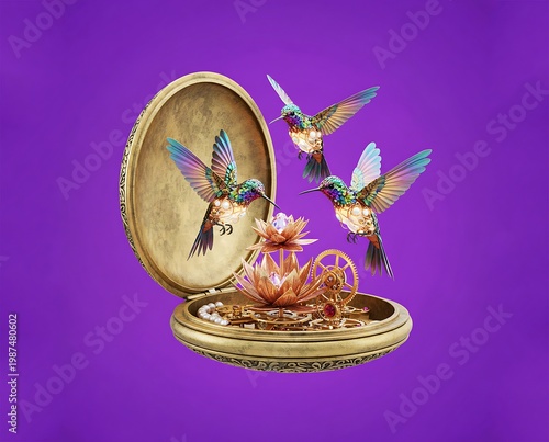 Enchanted Hummingbirds With Mechanical Lotus Inside Vintage Locket Fantasy Art Scene