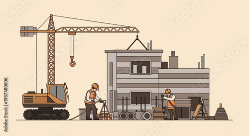 Builders Working on a New Construction Project Using Cranes and Other Equipment