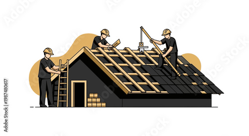 Constructing A Roof Illustration: Builders Installing House Elements, Work, Labor, and Safety
