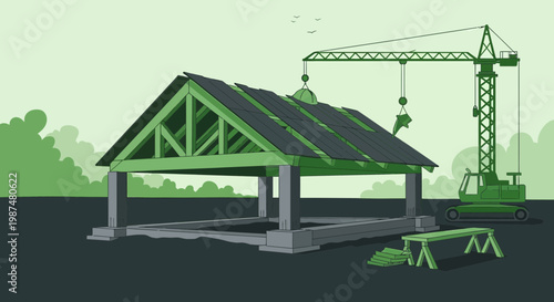 Architectural Illustration: Construction Of A Solar Panel-Equipped Sustainable Structure