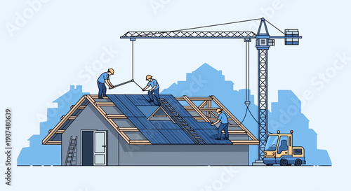 Constructing A Roof Illustration Depicting Builders And Heavy Machinery In Cartoony Style