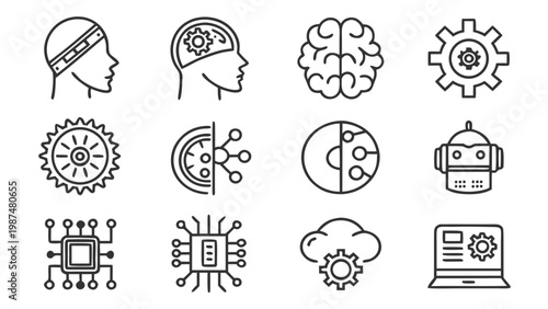Technology icons, artificial intelligence symbols, robotics signs, gear and brain vector graphics
