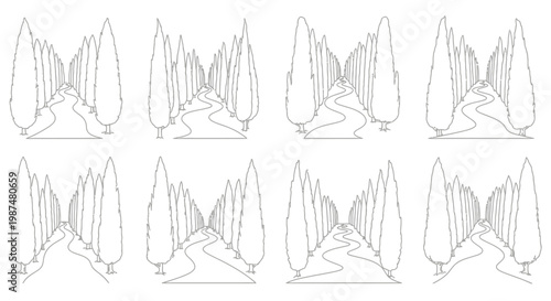 Line art illustration of cypress trees lining a winding path repeated in a grid