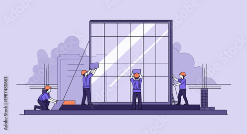 Builders Working Together to Install Windows in a Modern Architectural Constructing Project