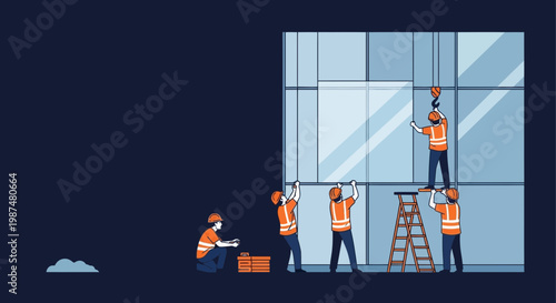 Builders Working Together to Install Modern Glass Facade on a New Building Project