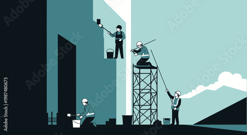 Architectural Illustration: Construction Workers Painting a Building in a Simple Style
