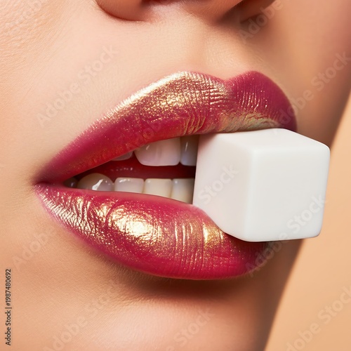 Glossy Lips Biting Chewing Gum Bold Beauty Fashion Closeup Concept Image