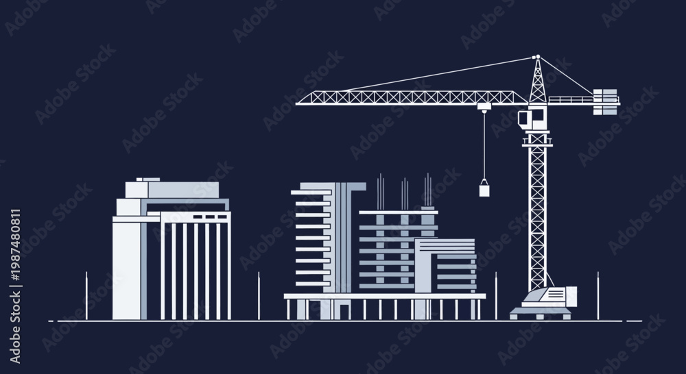 Fototapeta premium Architectural Illustration Depicting Buildings Under Construction, Crane and Skyline