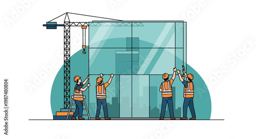 Constructing Modern Architecture: Builders Installing Glass Facade on Contemporary Skyscraper