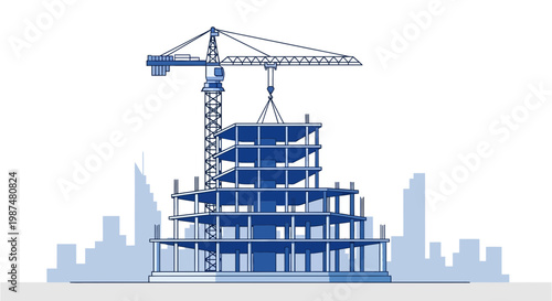 Building Construction Process: Tower Crane in Action Constructing a Modern Skyscraper