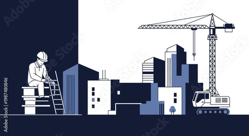 Architectural Illustration Depicting Construction and Urban Development in Modern Style