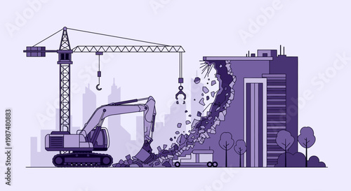 Building Demolition Scene Depicting Destruction with Crane and Excavator Illustration