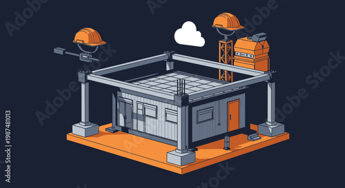 Conceptual Illustration of 3D Construction with Modern Equipment and Safety Gear