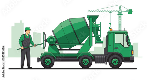 Concrete Mixer Truck And Construction Worker Near Tall Buildings Silhouette Illustration