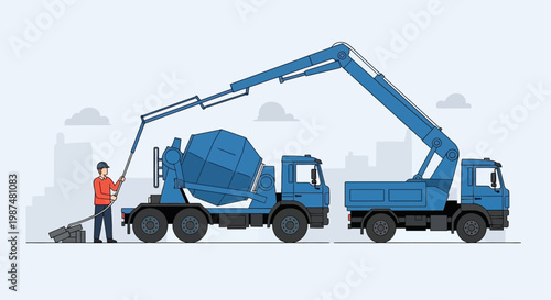 Concrete Delivery Construction Site with Worker and Crane at Work on a Light Blue Background