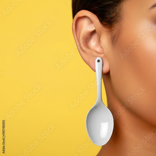 Minimal Surreal Spoon Earring Concept Bold Fashion Statement Close-Up Portrait