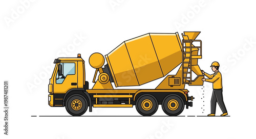 Concrete Mixer Truck Illustrative Concept And A construction Worker Pouring Materials