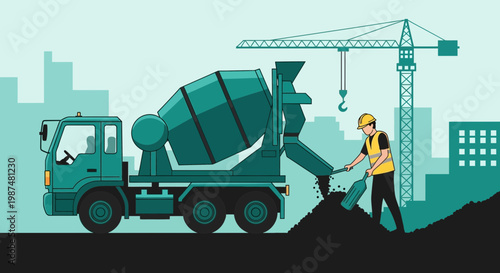 Concrete Mixer Truck pouring mix construction work site building architecture scene