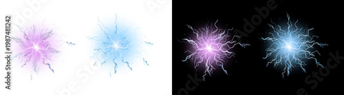 PNG image of Realistic electrical discharge or energy sphere with glowing blue and pink lightning on transparent background