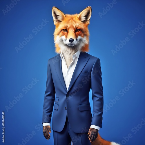 Stylish Fox In Blue Suit Anthropomorphic Character Luxury Business Concept