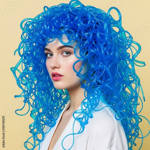 Surreal Blue Cable Hair Portrait of Woman with Futuristic Artistic Style