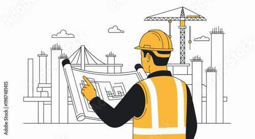 Construction Architect Inspecting Building Blueprint Detailed Plan And Project Overview