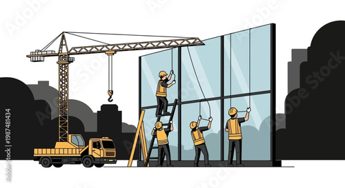 Constructing A Modern Architectural marvel with A Tower Crane and Skilled Workers Teamwork