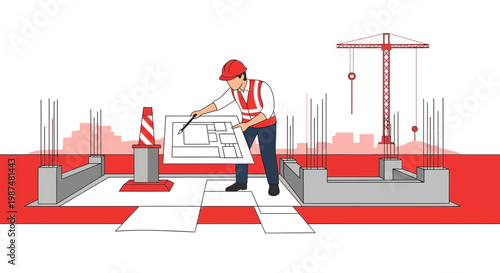 Construction Architect Inspecting Building Blueprint Near A Construction Site in Illustration