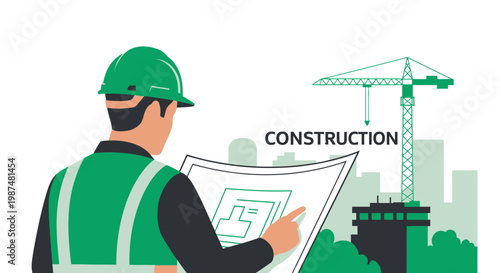Construction Architect Inspecting Building Blueprint Near A Construction Crane Plan