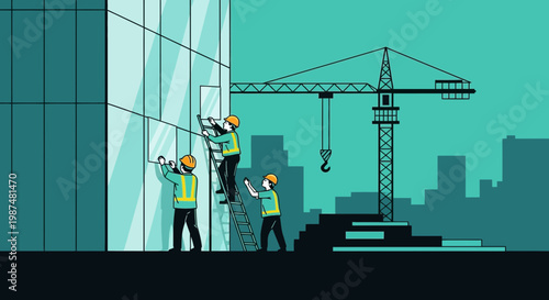 Constructing A Modern Building: Workers Collaborating During Building Construction Process