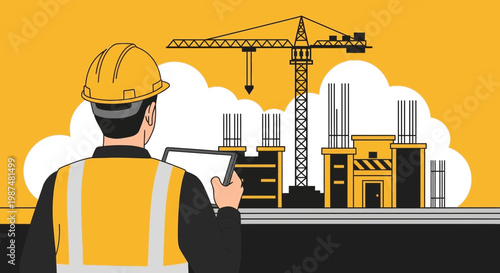 Construction Architect Inspecting Building Site: Digital Technology and Vector Illustration
