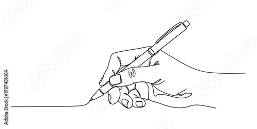 Continuous line drawing of hand holding pen and drawing a line on paper.