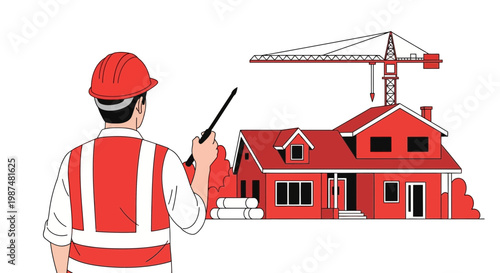 Construction Architect Pointing at New Residential House Building Under Construction Process