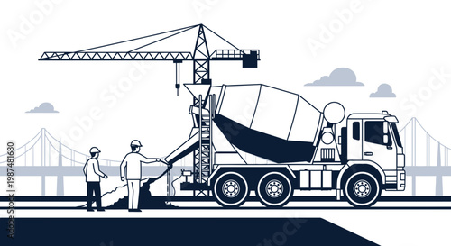Construction Blueprint: Concrete Mixer Truck and Workers, Bridge in Background, Minimalist Vector