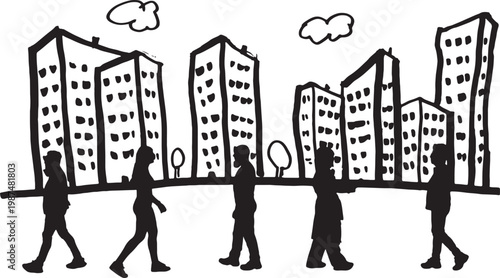 vector,silhouette Drawing made with marker, silhouettes of real people walking through the city