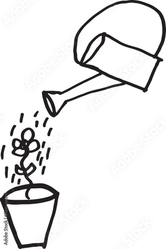 vector,Drawing made with a marker of a watering can watering a flower