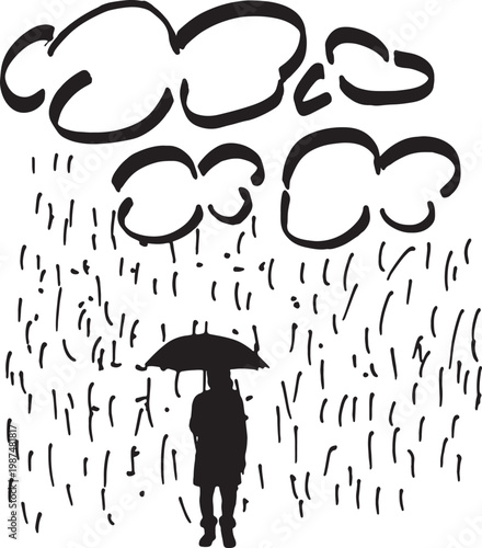 vector,silhouette Illustration made with a marker and the silhouette of a real people holding an umbrella standing on a rainy day