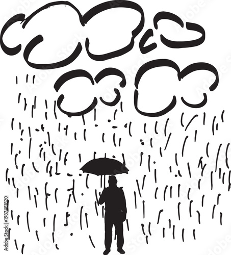 vector,silhouette Illustration made with a marker and the silhouette of a real people holding an umbrella standing on a rainy day