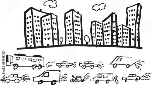 vector,silhouette Illustration made with a marker of a city with car traffic