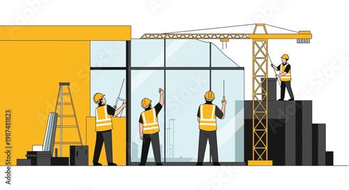 Construction Builders Working On A New Modern Building With Crane and Safety Equipment