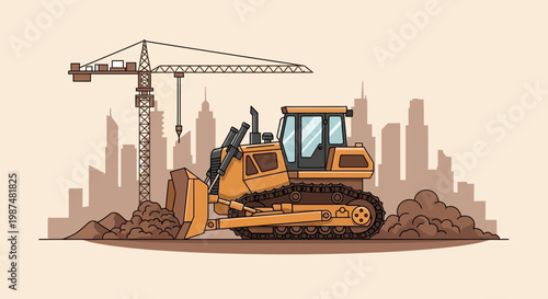 Construction Bulldozer And Crane Operate In Urban Center With City Silhouette Background