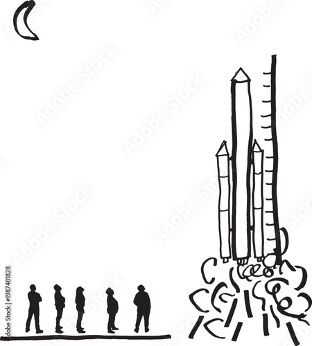 vector, Drawing made with marker and silhouettes of real people watching the launch of a space rocket