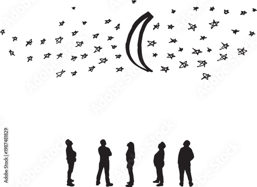 vector, Drawing made with marker and silhouettes of real people looking at the stars