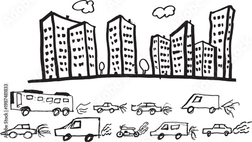 vector,Illustration made with a marker of a city with car traffic