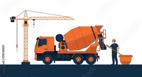 Construction Crane Truck With Concrete Mixer Working On The Site For Build Projects