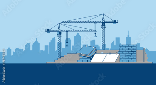 Construction Cranes And City Skyline Depicting Urban Development And Infrastructure
